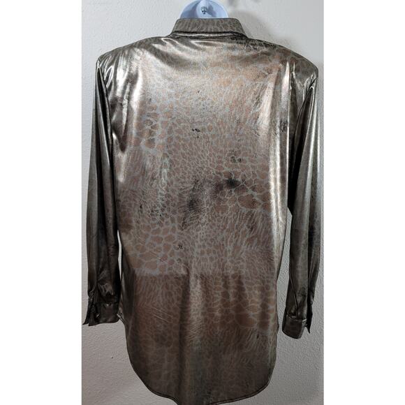 Vintage Connie Anderson Audio Gold Metallic Animal Print Button Up Top XS Soft - Picture 3 of 5